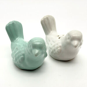 Set of White Blue Bird Salt Pepper Shakers Chickadees Glazed Ceramic